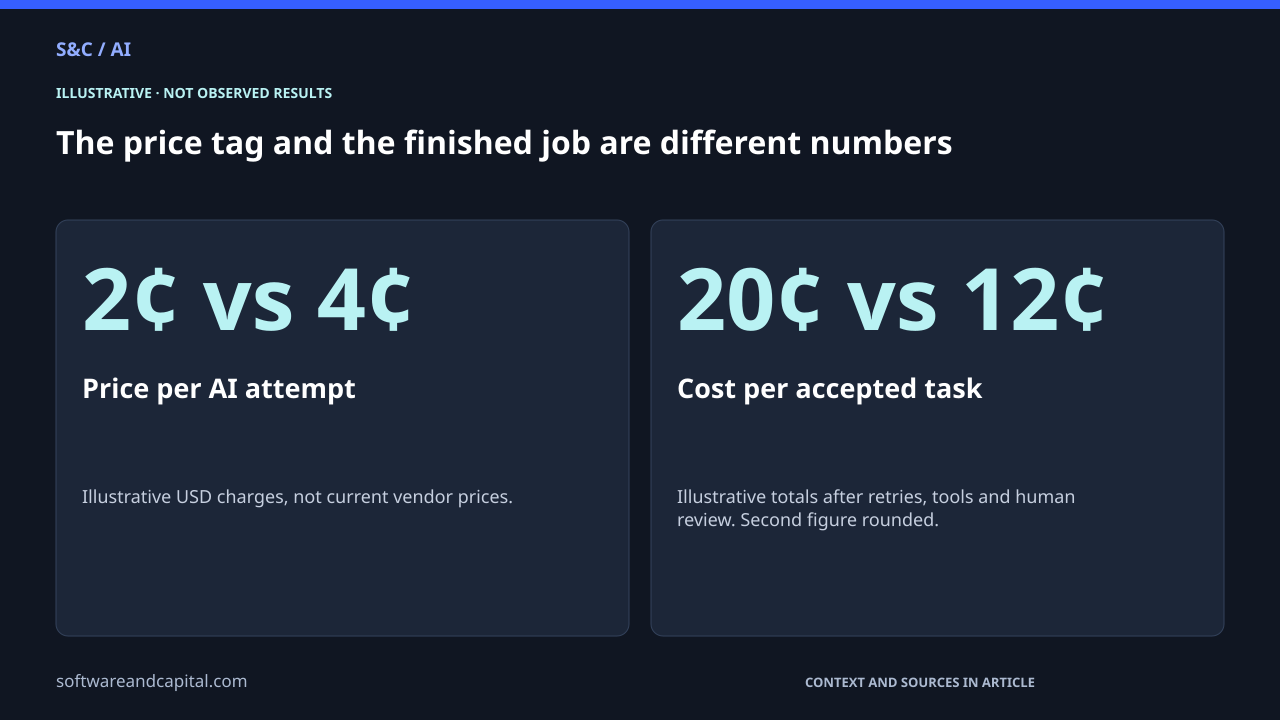 Illustrative graphic. The price tag and the finished job are different numbers. Price per AI attempt: 2¢ vs 4¢ — Illustrative USD charges, not current vendor prices.. Cost per accepted task: 20¢ vs 12¢ — Illustrative totals after retries, tools and human review. Second figure rounded.. Values and their context are also available as HTML below.