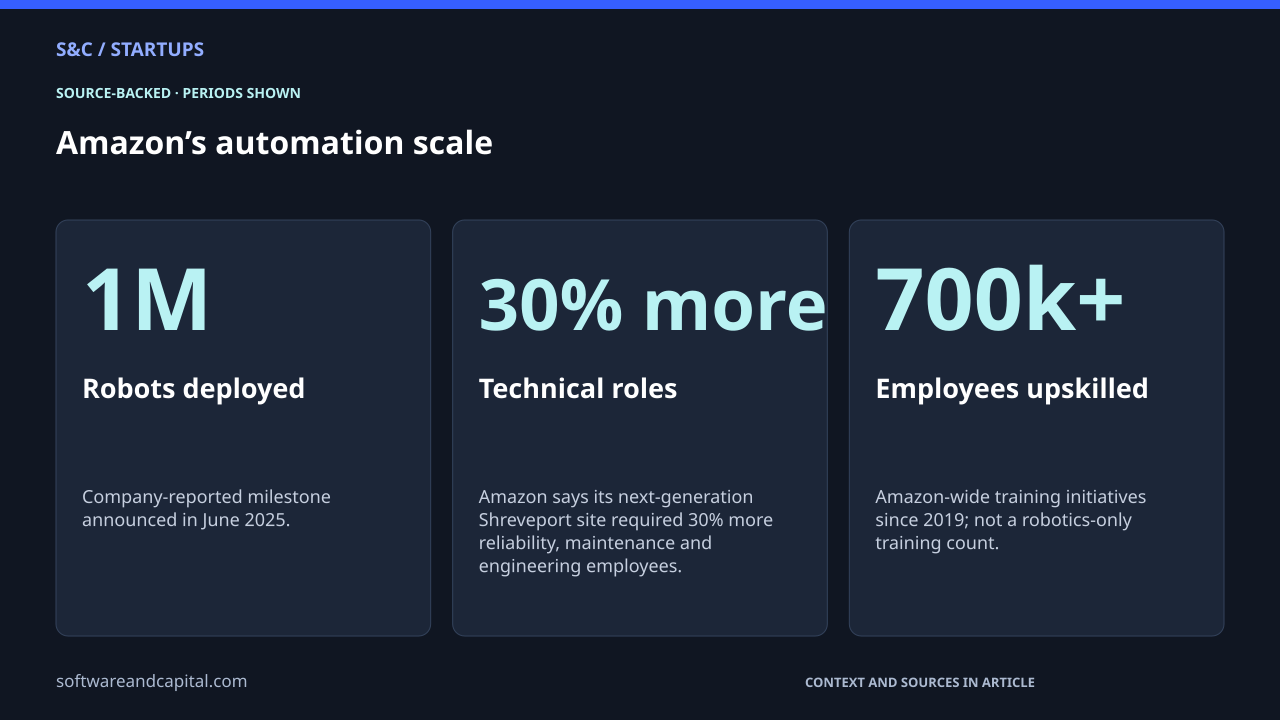 Amazon’s automation scale. Robots deployed: 1M — Company-reported milestone announced in June 2025.. Technical roles: 30% more — Amazon says its next-generation Shreveport site required 30% more reliability, maintenance and engineering employees.. Employees upskilled: 700k+ — Amazon-wide training initiatives since 2019; not a robotics-only training count.. Values and their context are also available as HTML below.