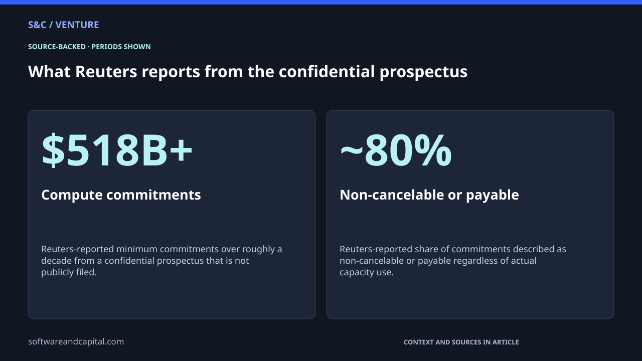 What Reuters reports from the confidential prospectus. Compute commitments: $518B+ — Reuters-reported minimum commitments over roughly a decade from a confidential prospectus that is not publicly filed.. Non-cancelable or payable: ~80% — Reuters-reported share of commitments described as non-cancelable or payable regardless of actual capacity use.. Values and their context are also available as HTML below.