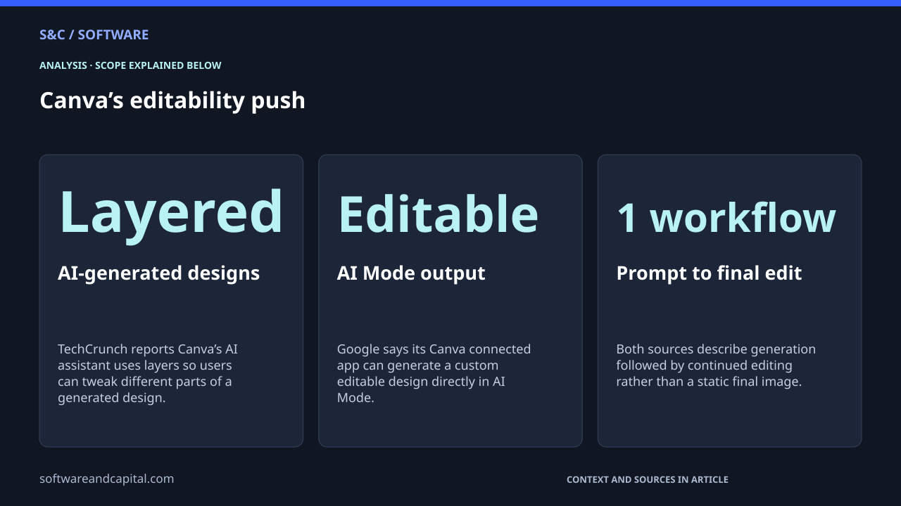 Canva’s editability push. AI-generated designs: Layered — TechCrunch reports Canva’s AI assistant uses layers so users can tweak different parts of a generated design.. AI Mode output: Editable — Google says its Canva connected app can generate a custom editable design directly in AI Mode.. Prompt to final edit: 1 workflow — Both sources describe generation followed by continued editing rather than a static final image.. Values and their context are also available as HTML below.