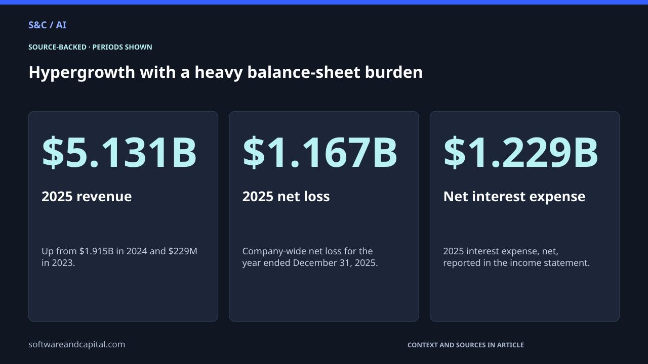 Hypergrowth with a heavy balance-sheet burden. 2025 revenue: $5.131B — Up from $1.915B in 2024 and $229M in 2023.. 2025 net loss: $1.167B — Company-wide net loss for the year ended December 31, 2025.. Net interest expense: $1.229B — 2025 interest expense, net, reported in the income statement.. Values and their context are also available as HTML below.