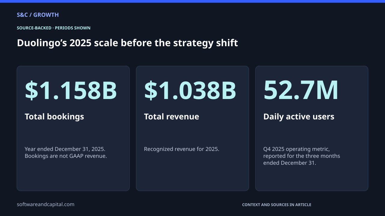 Duolingo’s 2025 scale before the strategy shift. Total bookings: $1.158B — Year ended December 31, 2025. Bookings are not GAAP revenue.. Total revenue: $1.038B — Recognized revenue for 2025.. Daily active users: 52.7M — Q4 2025 operating metric, reported for the three months ended December 31.. Values and their context are also available as HTML below.