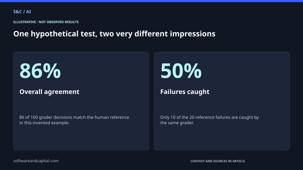 Illustrative graphic. One hypothetical test, two very different impressions. Overall agreement: 86% — 86 of 100 grader decisions match the human reference in this invented example.. Failures caught: 50% — Only 10 of the 20 reference failures are caught by the same grader.. Values and their context are also available as HTML below.