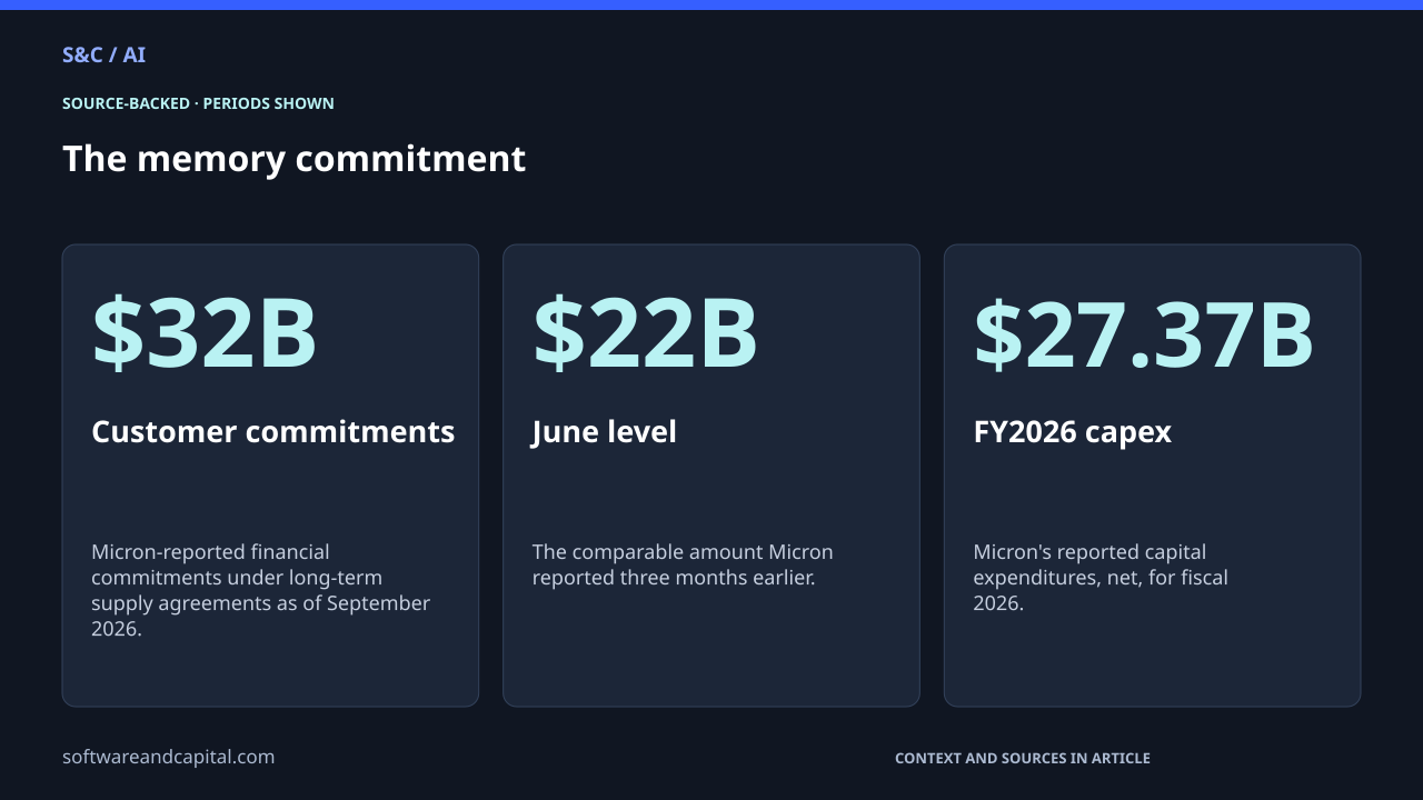 The memory commitment. Customer commitments: $32B — Micron-reported financial commitments under long-term supply agreements as of September 2026.. June level: $22B — The comparable amount Micron reported three months earlier.. FY2026 capex: $27.37B — Micron's reported capital expenditures, net, for fiscal 2026.. Values and their context are also available as HTML below.