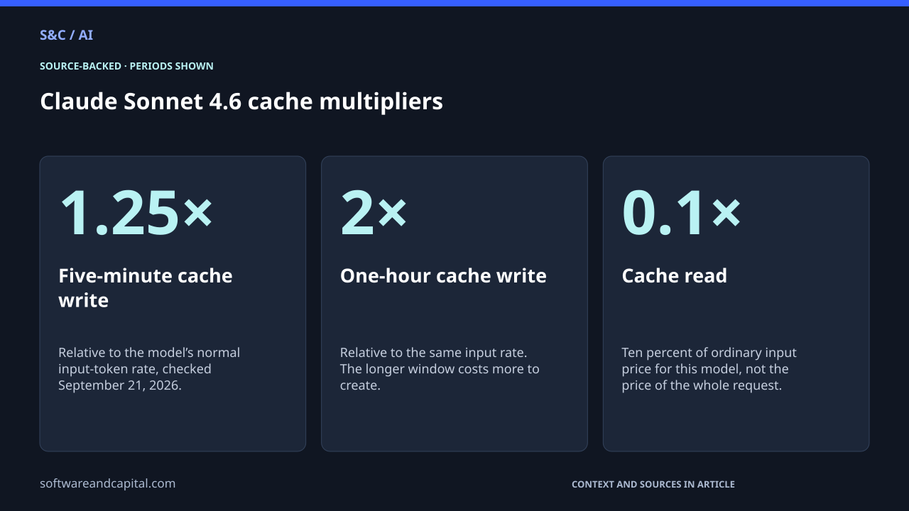 Claude Sonnet 4.6 cache multipliers. Five-minute cache write: 1.25× — Relative to the model’s normal input-token rate, checked September 21, 2026.. One-hour cache write: 2× — Relative to the same input rate. The longer window costs more to create.. Cache read: 0.1× — Ten percent of ordinary input price for this model, not the price of the whole request.. Values and their context are also available as HTML below.