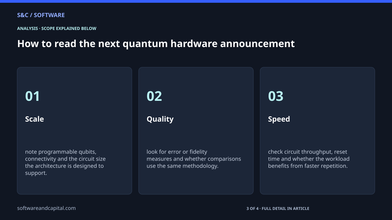 How to read the next quantum hardware announcement. Scale: 01 — note programmable qubits, connectivity and the circuit size the architecture is designed to support.. Quality: 02 — look for error or fidelity measures and whether comparisons use the same methodology.. Speed: 03 — check circuit throughput, reset time and whether the workload benefits from faster repetition.. 3 of 4 entries shown. Selected labels are abbreviated. Full detail appears in the article.