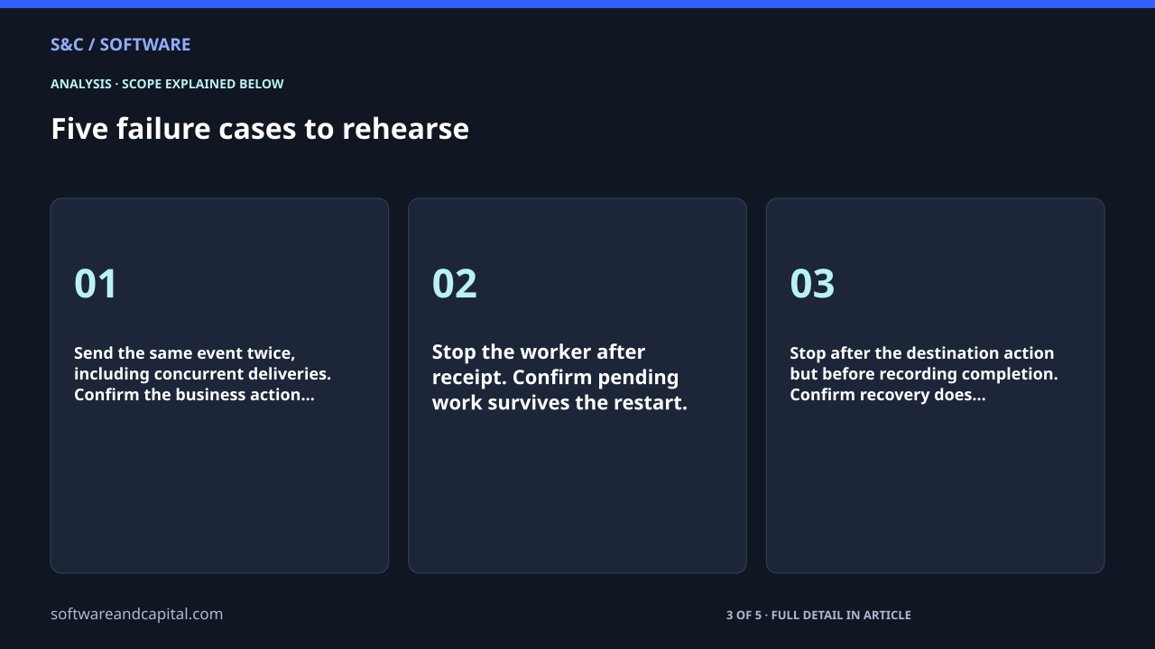 Five failure cases to rehearse. Send the same event twice, including concurrent deliveries. Confirm the business action…: 01. Stop the worker after receipt. Confirm pending work survives the restart.: 02. Stop after the destination action but before recording completion. Confirm recovery does…: 03. 3 of 5 entries shown. Selected labels are abbreviated. Full detail appears in the article.